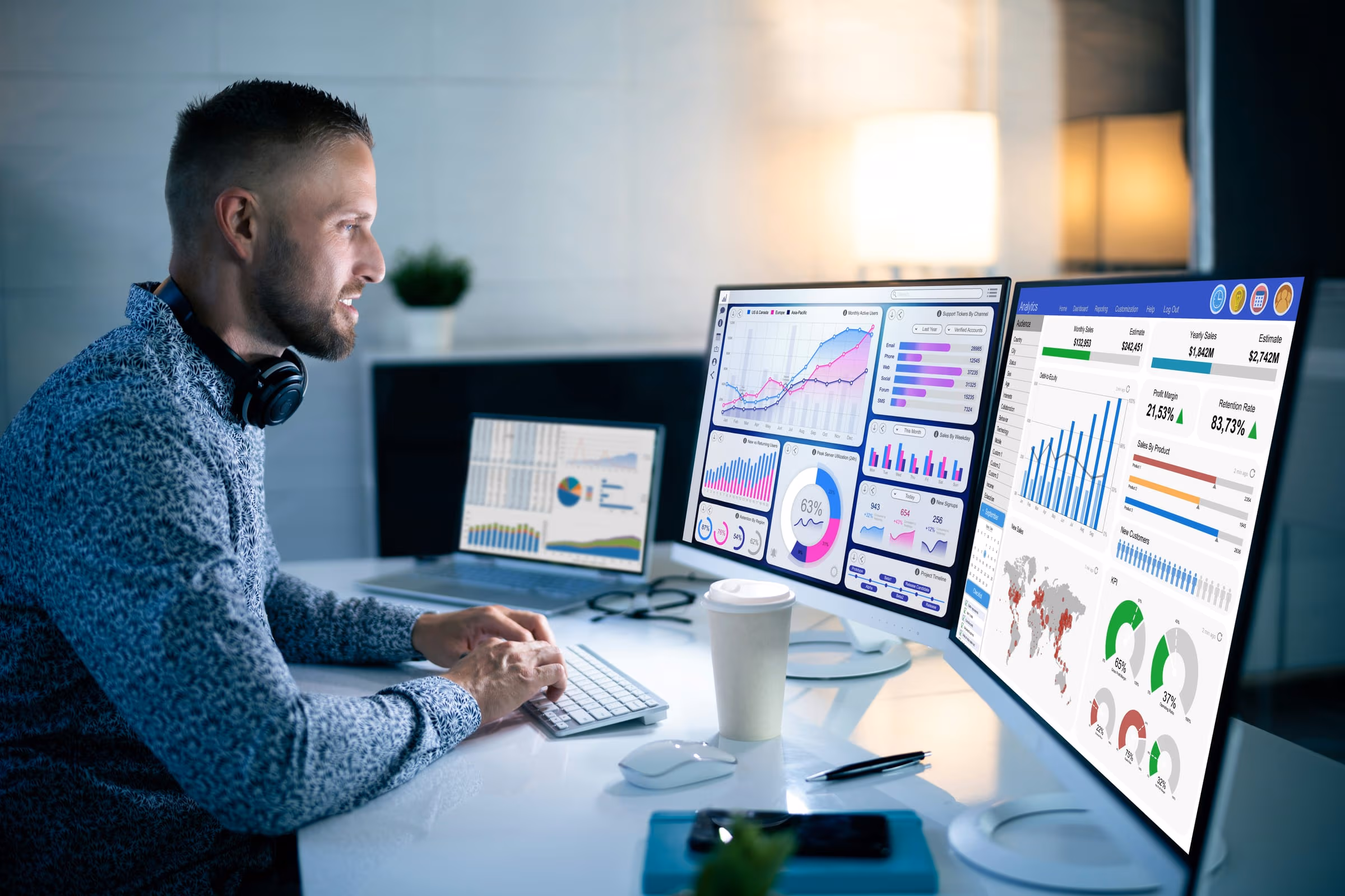 A man with headphones around his neck types at a desk facing two wide monitors and a laptop filled with sales and analytics dashboards